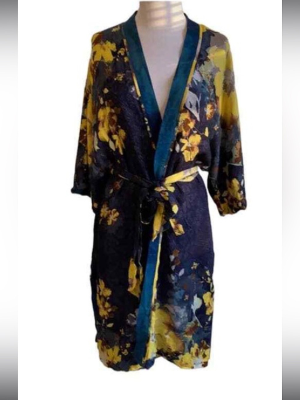 Chico's Navy Floral Satin Kimono Robe with Yellow Accents
